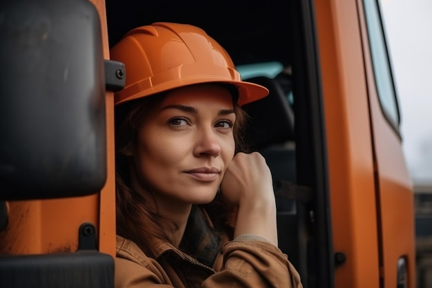 Una mujer con un casco naranja mira por la ventana de un camión.