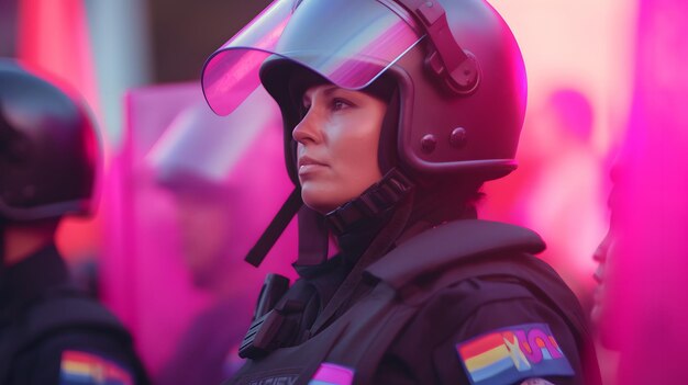 Foto una mujer con un casco con la palabra orgullo.