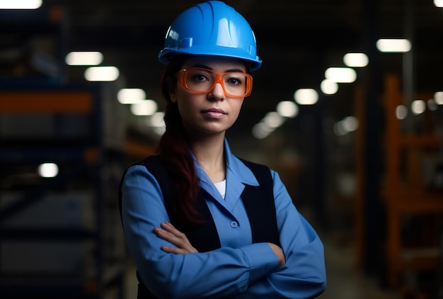 mujer con casco protector y uniforme trabajando en un almacén en una fábrica de fabricación