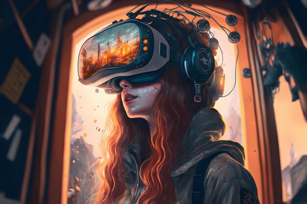 Una mujer con un casco de realidad virtual con elementos tecnológicos futuristas.