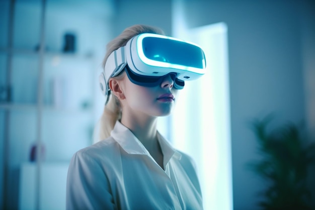 Una mujer con un casco de realidad virtual se encuentra en una sala de tecnología