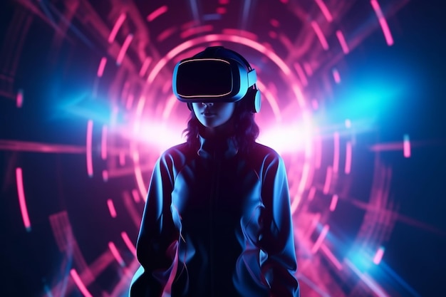 Una mujer con un casco de realidad virtual con un fondo morado.
