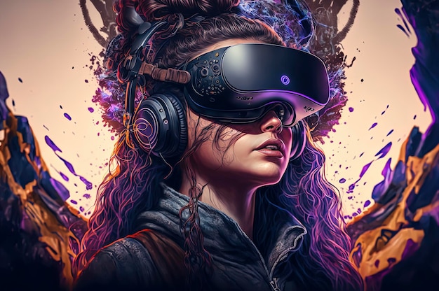 Una mujer con un casco de realidad virtual frente a un fondo morado y negro.