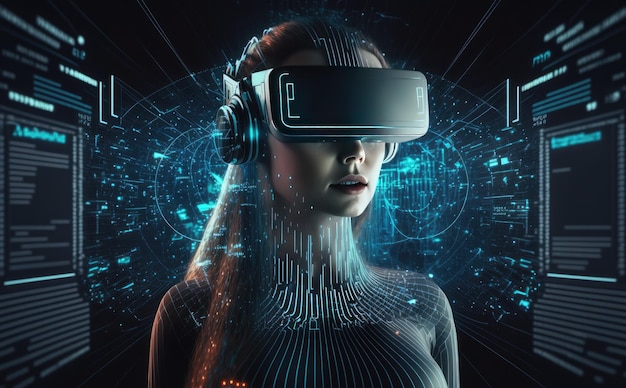 Una mujer con un casco de realidad virtual con la letra e.