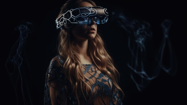Una mujer con un casco de realidad virtual con una serpiente en la parte superior.