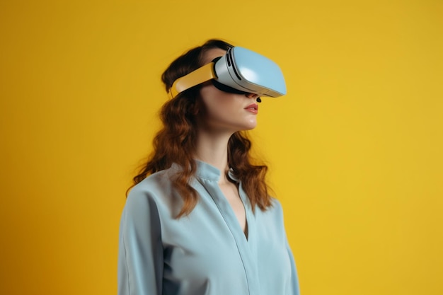 Una mujer con un casco de realidad virtual sobre un fondo amarillo.