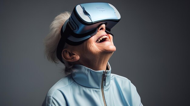 una mujer con un casco de realidad virtual sonríe y lleva un casco de realidad virtual.