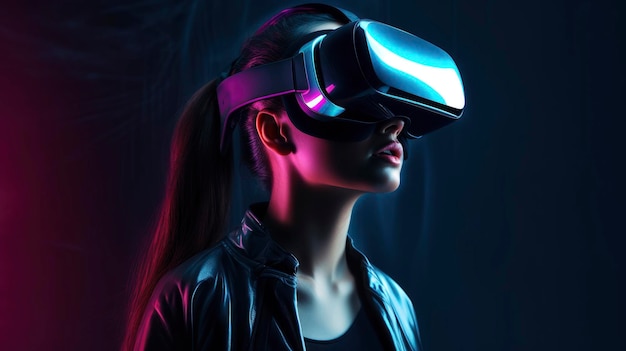 Una mujer con un casco de realidad virtual