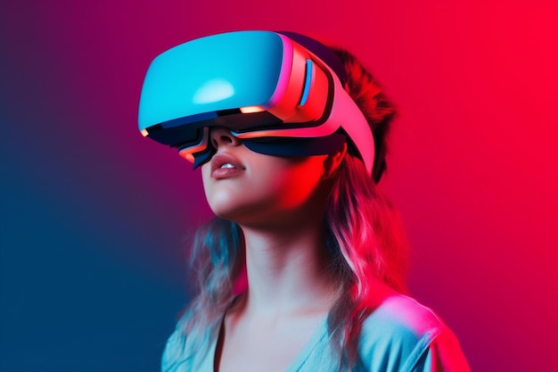 Una mujer con un casco de realidad virtual