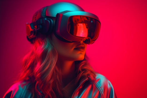 Una mujer con un casco de realidad virtual