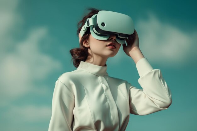 Una mujer con un casco de realidad virtual