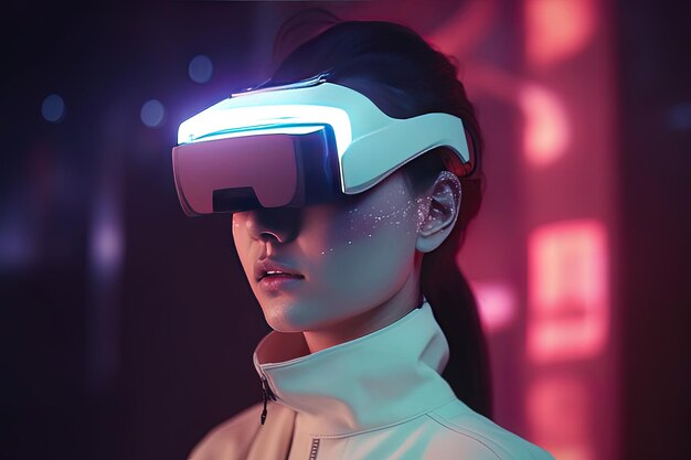 Una mujer con un casco de realidad virtual