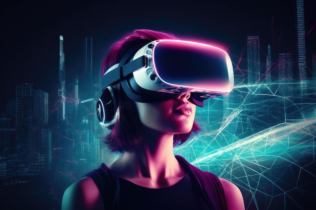 Una mujer con un casco de realidad virtual