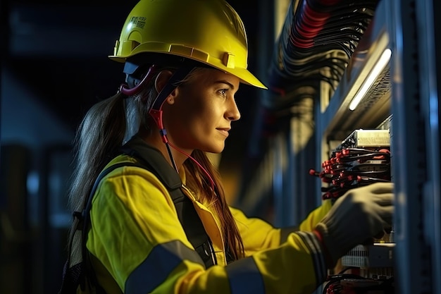 Foto mujer con casco de seguridad ingeniera de telecomunicaciones con ropa de trabajo