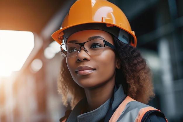 Mujer con casco en un sitio de construcción IA generativa