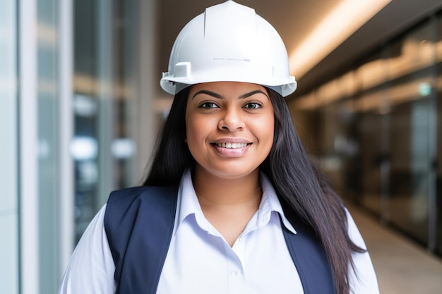 Mujer con casco en un sitio de construcción IA generativa