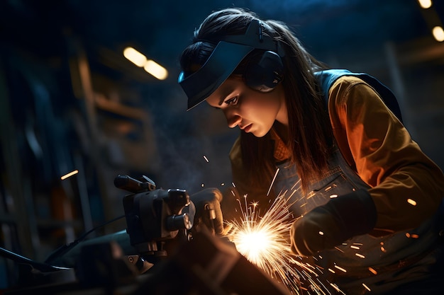 Foto mujer en casco de soldadura trabajando en pieza de metal en taller chispas volando alrededor mujer soldadora