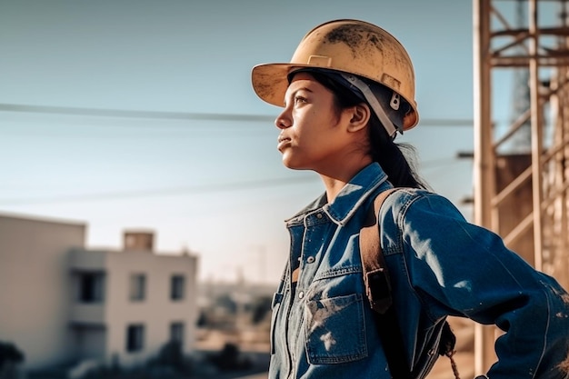 Una mujer con un casco se para en un techo con un edificio al fondo.