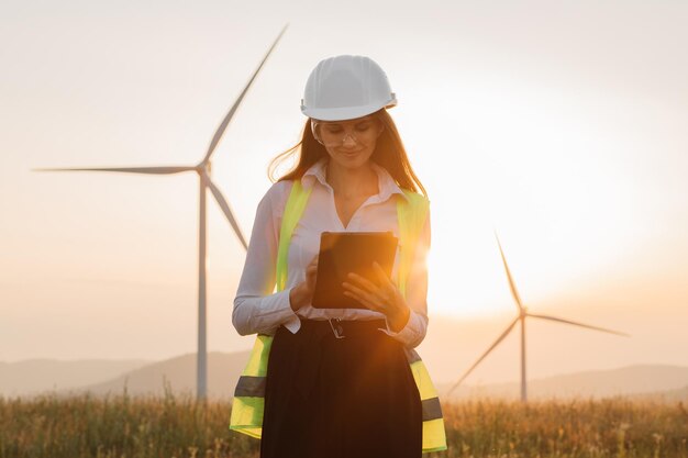 Mujer con casco trabajando con tableta en granja de energía renovable