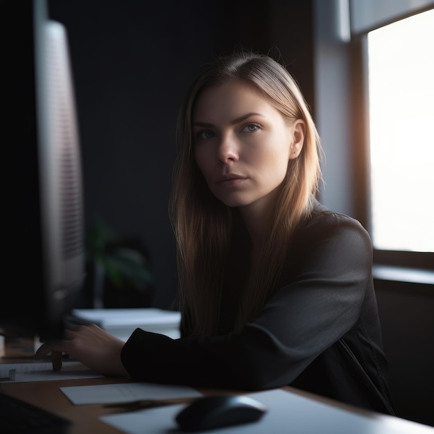 Mujer casual de negocios en el escritorio de la oficina