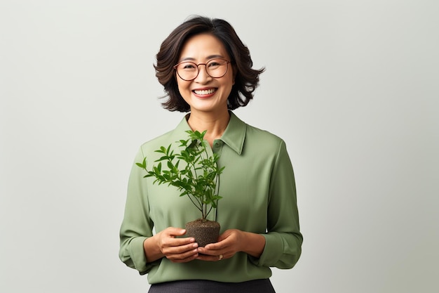 Una mujer casual sostiene una planta verde en una maceta pequeña. Un empleado emprendedor está contento con una planta en crecimiento. Proyectos de inicio, ganancias, inversiones e ideas de crecimiento.