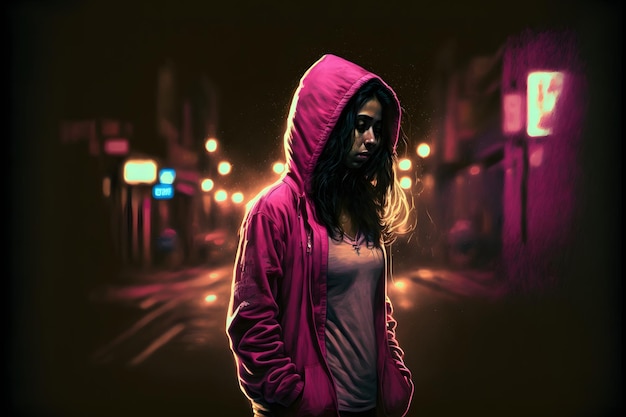 Mujer caucásica de 20 años con el pelo largo vestido de rosa caminando en la calle de verano arte generado por la red neuronal