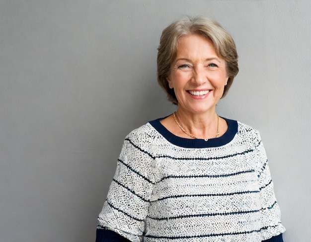 Una mujer caucásica de 60 años sonriendo en una pared gris de fondo blanco.