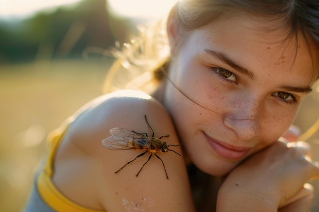 Foto mujer caucásica con alergia a la picadura de insectos en su brazo en vista de cerca proporcionando atención