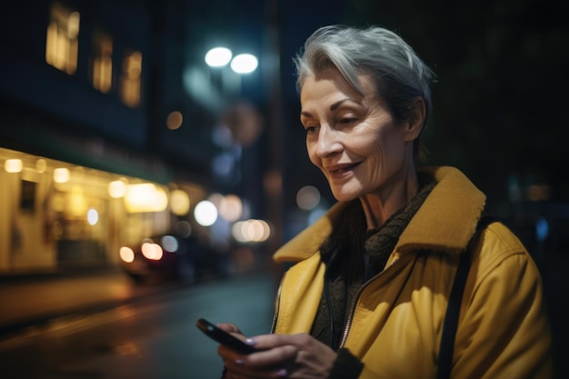 Una mujer caucásica de alto nivel con ropa de moda usando un teléfono móvil con el fondo de la calle urbana de la ciudad por la noche AI generativo AIG18