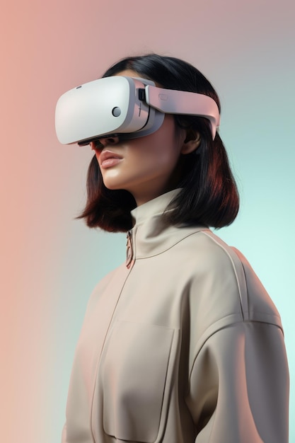 Mujer caucásica con auriculares VR y AR en fondo rosado creado utilizando tecnología de IA generativa