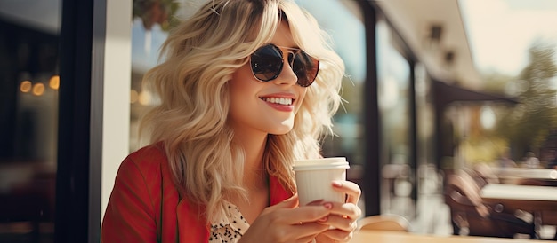 Mujer caucásica disfrutando de una bebida caliente después de ir de compras sentada sola en un café
