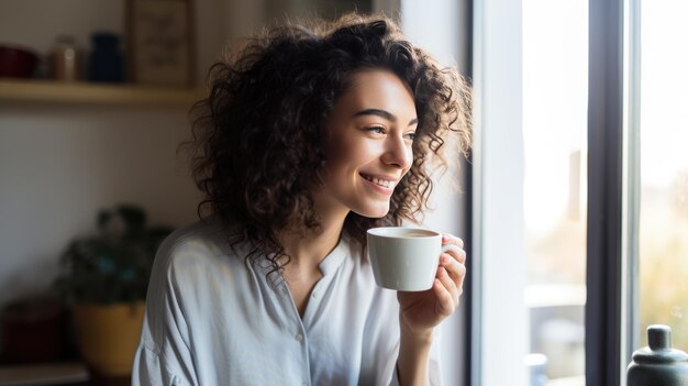 Mujer caucásica disfrutando de una taza de café en un ambiente hogareño Creado con tecnología de IA generativa