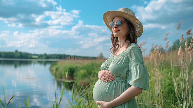 Mujer caucásica embarazada en un vestido verde de verano acariciando suavemente su vientre mientras disfruta de la belleza de la naturaleza a los 8 meses de embarazo con gafas y sombrero