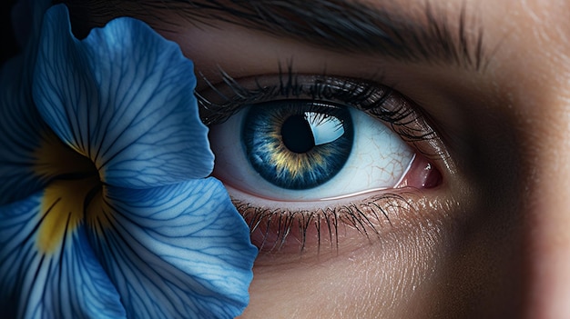 mujer caucásica iris azul en primer plano mirando a la cámara