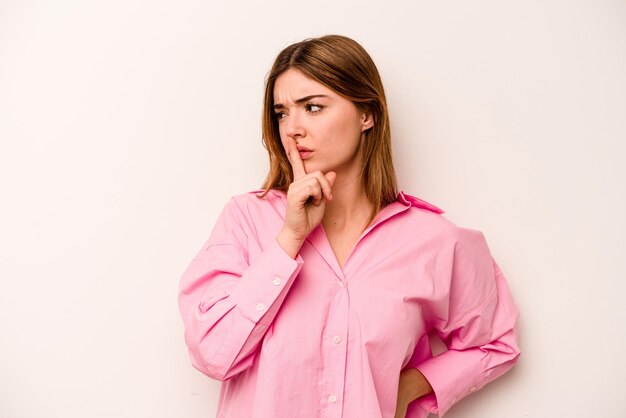 Mujer caucásica joven aislada de fondo blanco guardando un secreto o pidiendo silencio