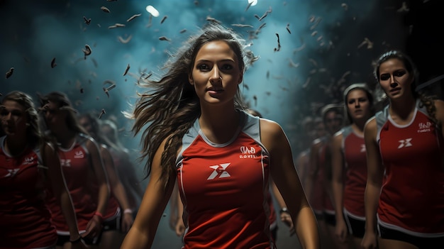 Mujer caucásica joven jugando voleibol aislado en el fondo Banner o póster de voleibol