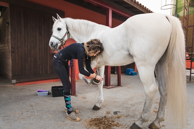 Mujer caucásica joven limpiando y preparando un caballo.