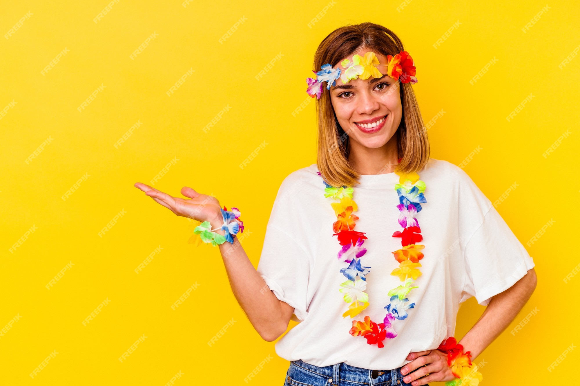 Mujer caucásica joven que celebra fiesta hawaiana aislada en la pared amarilla que muestra un espacio de la copia en una palma y que otra mano en la cintura.
