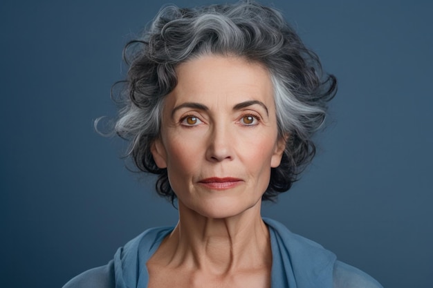 Mujer caucásica madura con cabello ondulado en ropa azul en el espacio de copia Modelo AgeFriendly