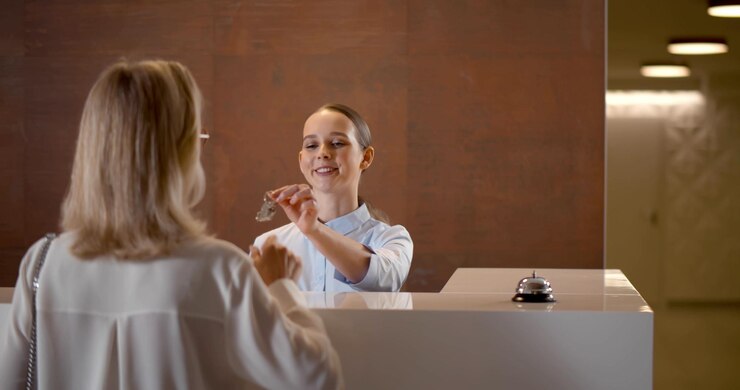Mujer caucásica madura registrándose en la recepción del hotel
