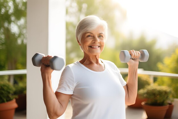 Mujer caucásica mayor haciendo ejercicio con pesas en casa