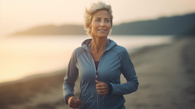 Foto mujer caucásica de mediana edad durante el entrenamiento de jogging en la playa de la mañana