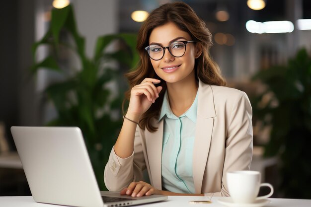 Mujer caucásica milenaria positiva con traje y gafas en su lugar de trabajo con una computadora portátil disfrutando de una taza de café