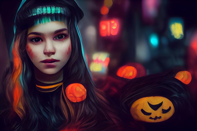 Mujer caucásica en la noche con disfraz de bruja y maquillaje halloween mira arte generado por red neuronal