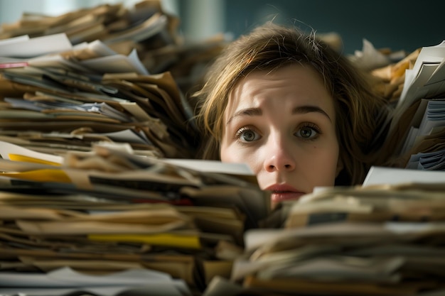 Mujer caucásica en una oficina abrumada por una montaña de papeleo