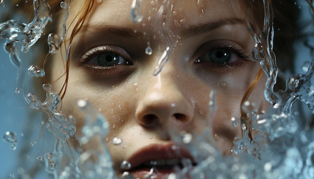 Mujer caucásica con el pelo mojado sonriendo disfrutando de agua limpia y fresca generada por inteligencia artificial