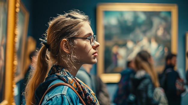 Foto mujer caucásica pensativa con gafas observando una exhibición de arte mientras los visitantes admiran pinturas en el fondo ilustrando la celebración del museo