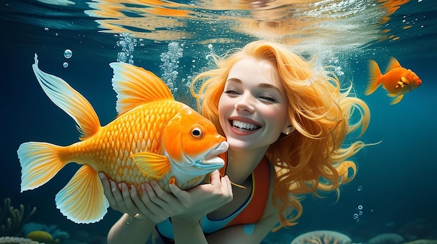 Mujer caucásica con un pez dorado sonriendo bajo el agua