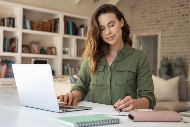 Una mujer caucásica que pasa tiempo en casa, usando su computadora portátil y trabajando desde casa. Estilo de vida en casa aislado, distanciamiento social en cuarentena durante la pandemia del coronavirus covid 19.