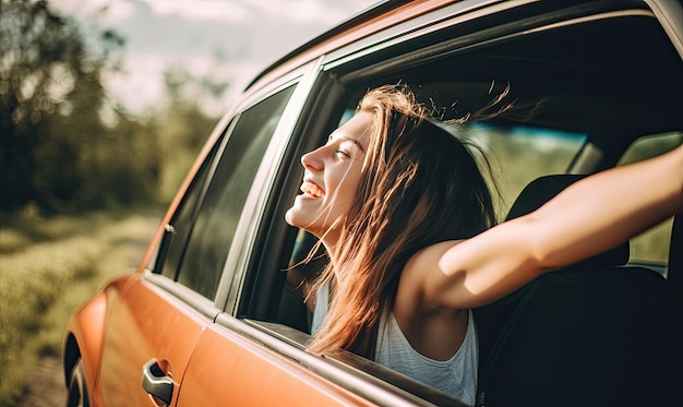 Una mujer caucásica radiante disfruta de las vistas que pasan mientras se asoma por la ventana del auto Creando usando herramientas generativas de IA